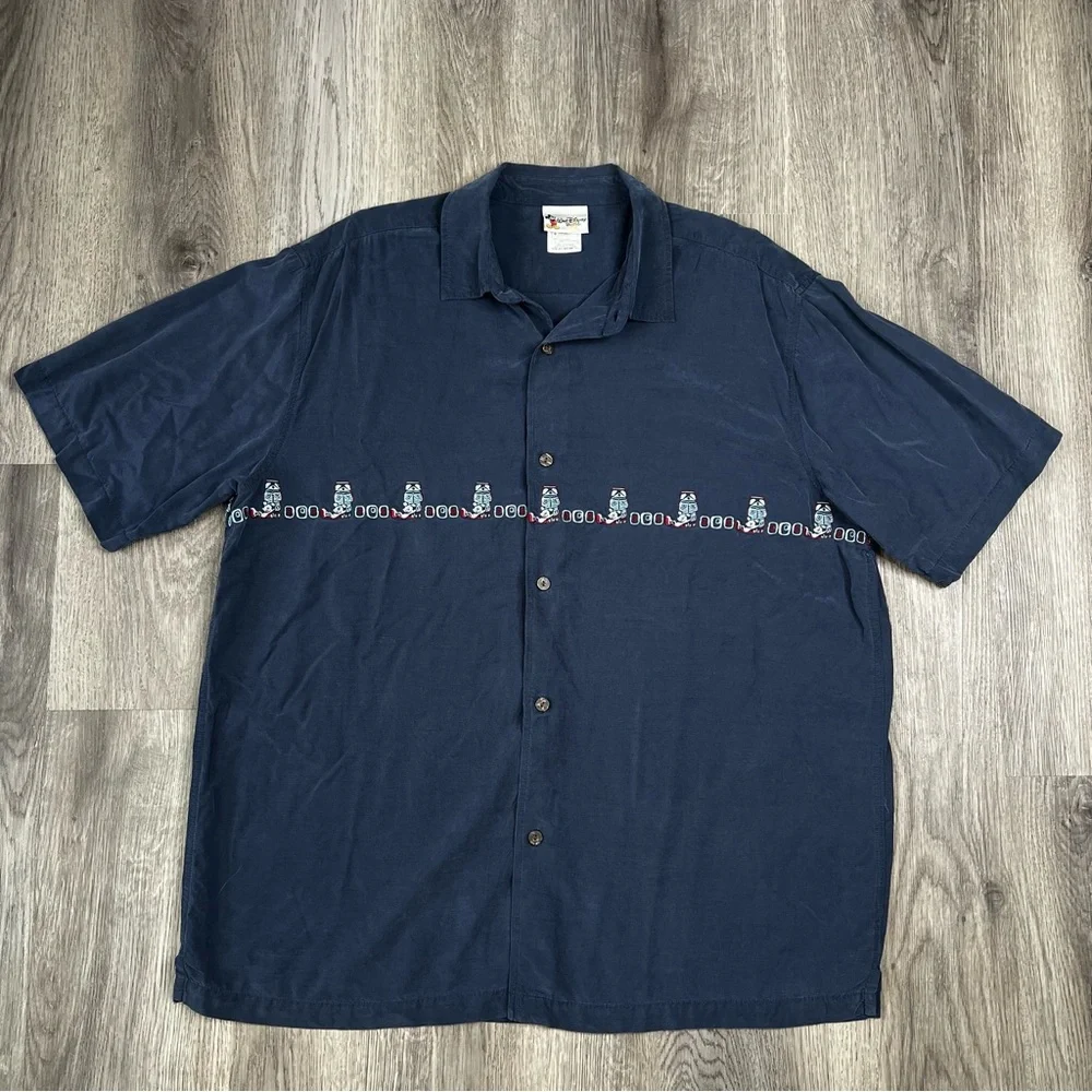 Disney Parks Hawaiian Shirt Mens‎ L Navy Blue Mickey Mouse Tiki Polynesian Rayon